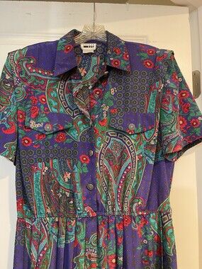 Vintage Leslie Fay Dress 80s 90s Pleated Geo Paisley Purple Shoulder Pads Sz 14